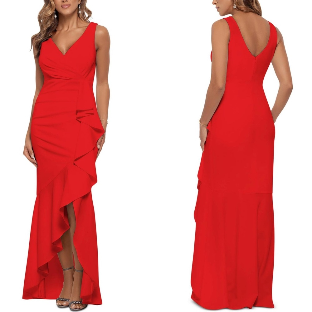NEW BETSY & ADAM Red V-NECK Ruched CASCADE RUFFLE High-Low EVENING GOWN 6